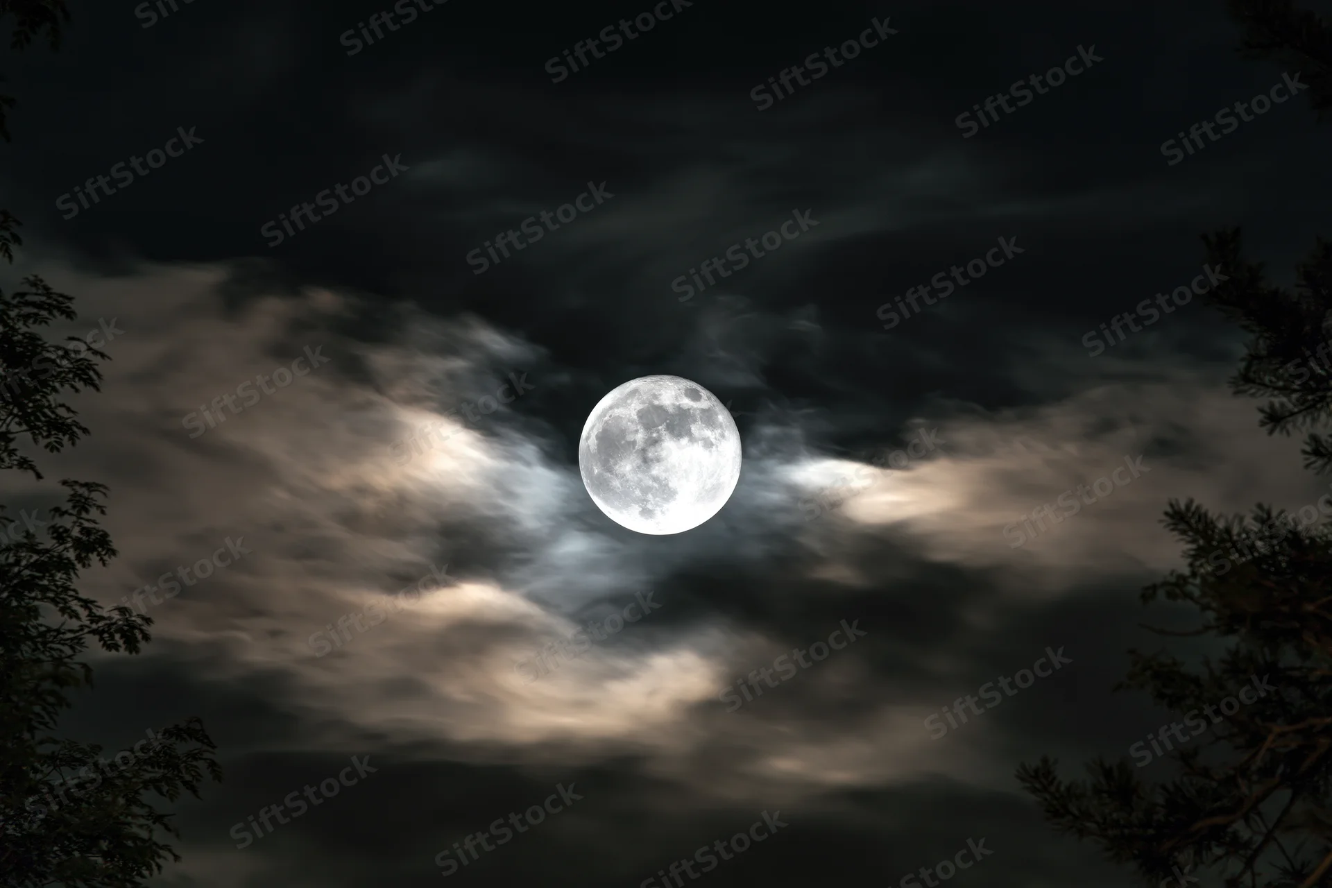 Full moon centered in a dramatic night sky partially surrounded by clouds and tree silhouettes