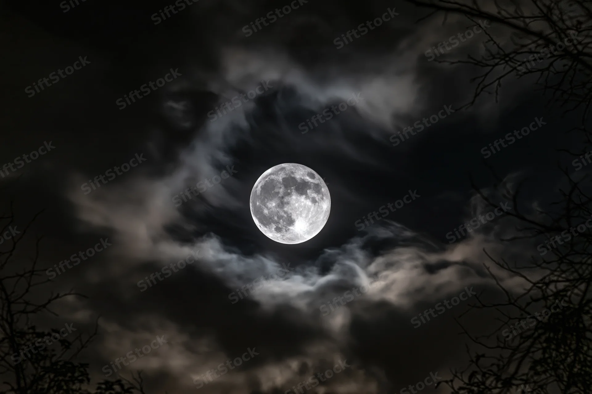Full moon glowing in dark cloudy sky framed by bare tree branches