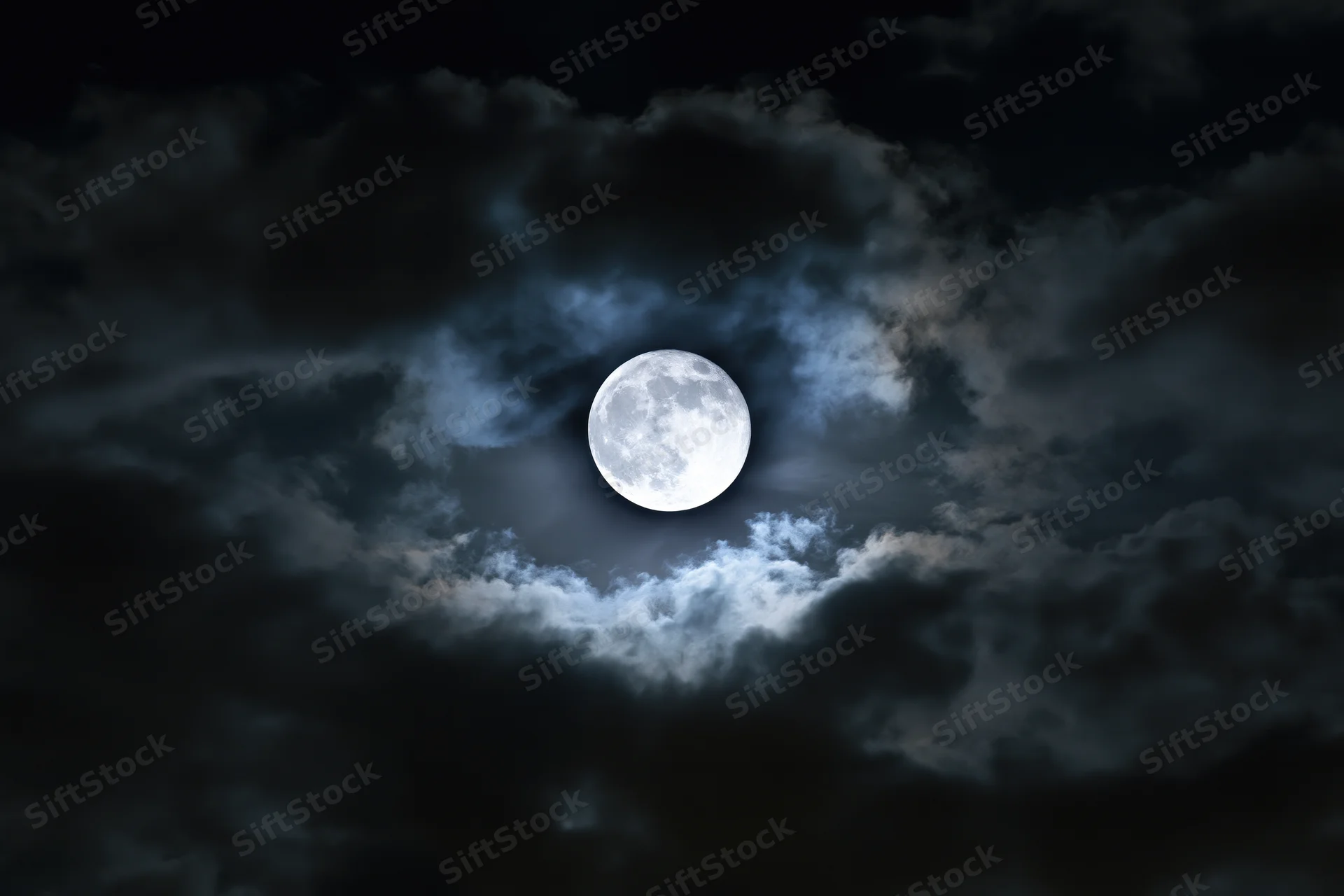 Full moon centered in a dramatic night sky partially surrounded by dark clouds