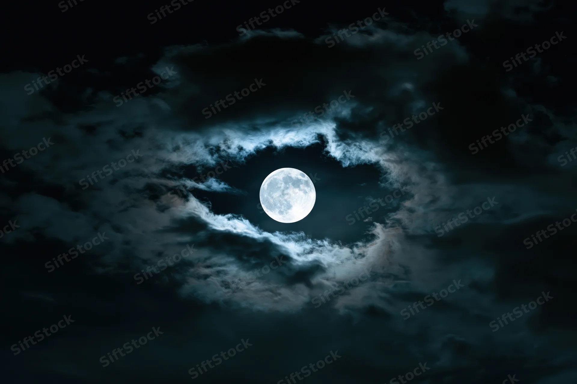 Full moon glowing through swirling clouds in a dark night sky