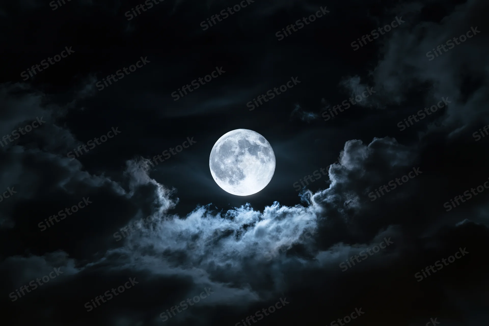Full moon centered in a dramatic night sky partially surrounded by clouds