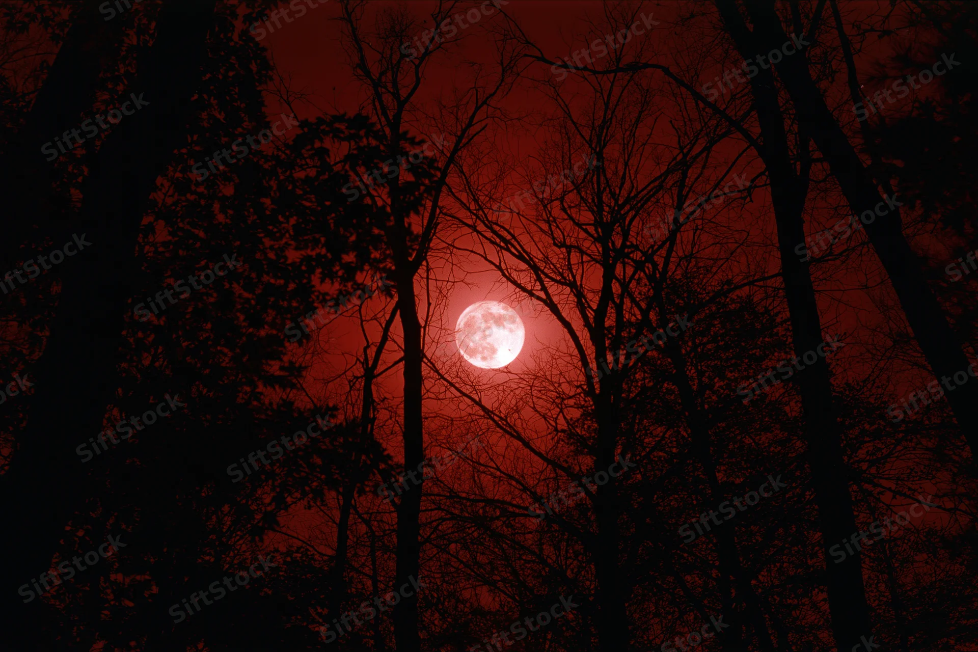 Full moon glowing pale white against deep crimson sky seen through bare forest trees at night