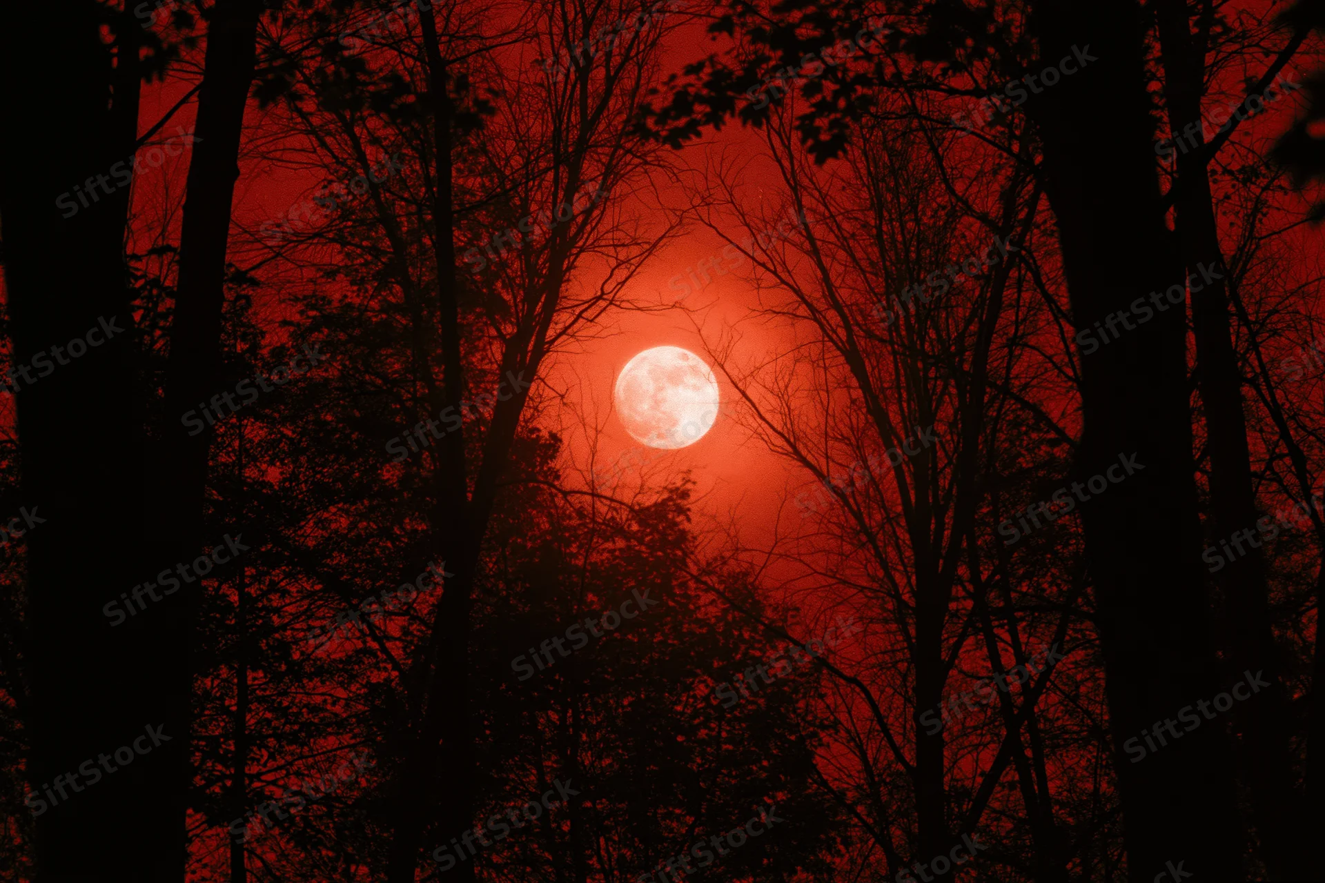 Full moon glowing pale white against deep crimson sky seen through dark forest silhouettes