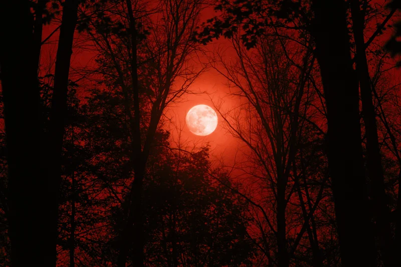 Full moon glowing pale white against deep crimson sky seen through dark forest silhouettes