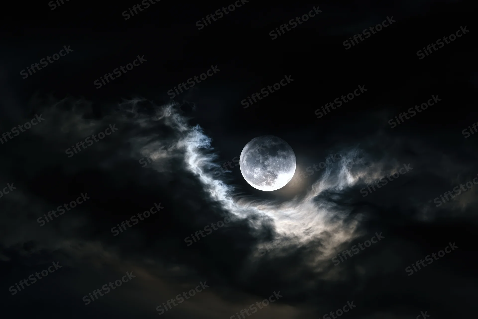 Full moon glowing through swirling storm clouds in the night sky
