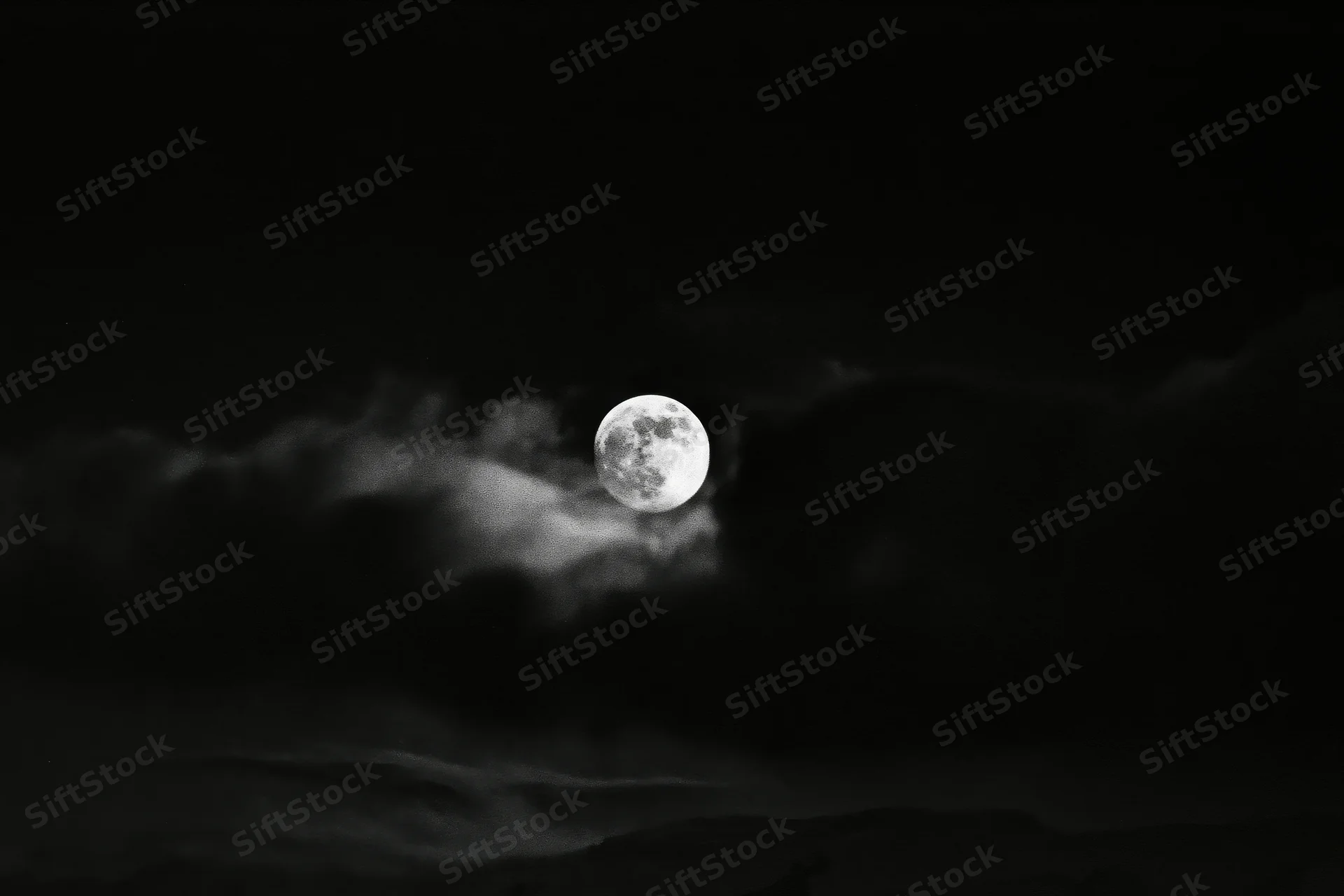 Full moon glowing through dark storm clouds in night sky