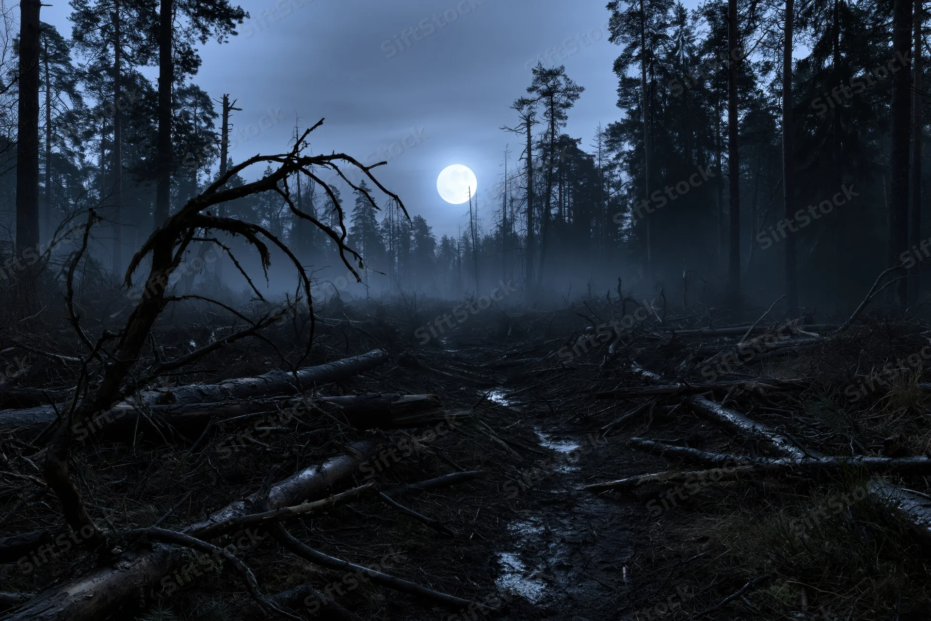 Full moon rising over a dark forest clearing littered with fallen trees and branches