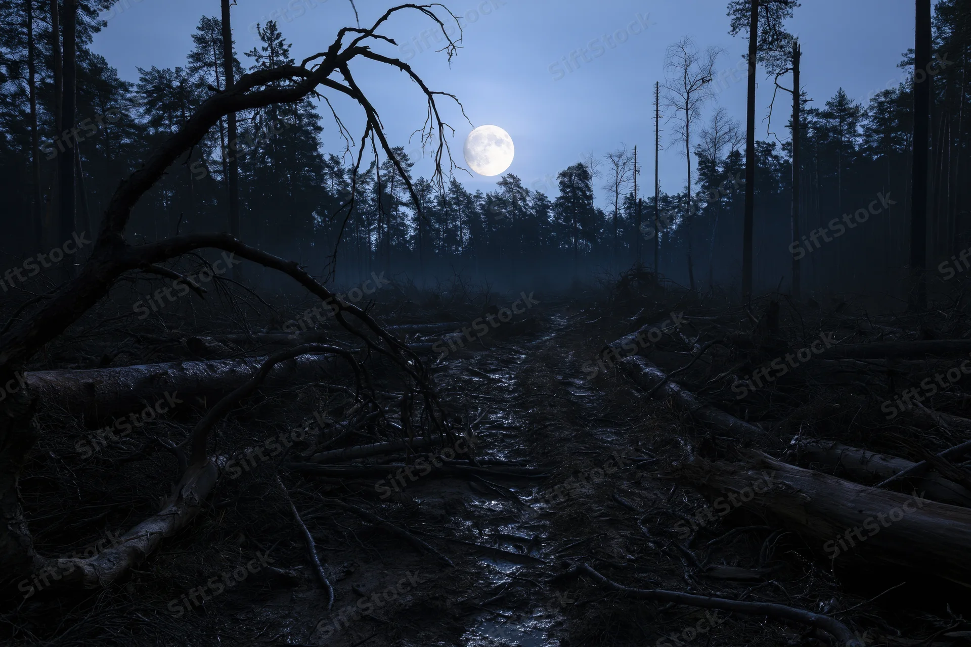 Full moon rising over a dark forest clearing littered with fallen trees and branches