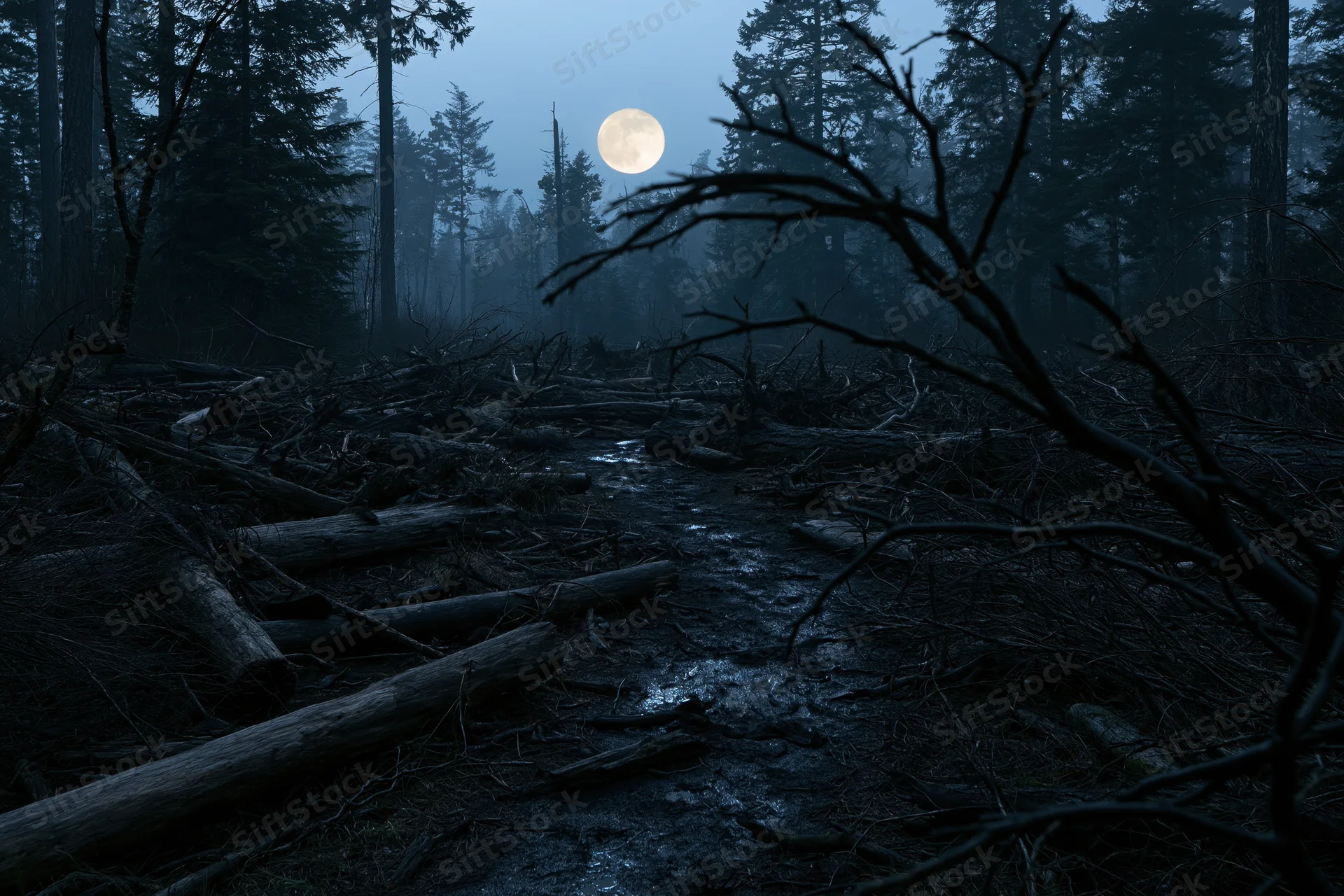 Full moon rising over a dark forest clearing littered with fallen logs and branches under misty night sky