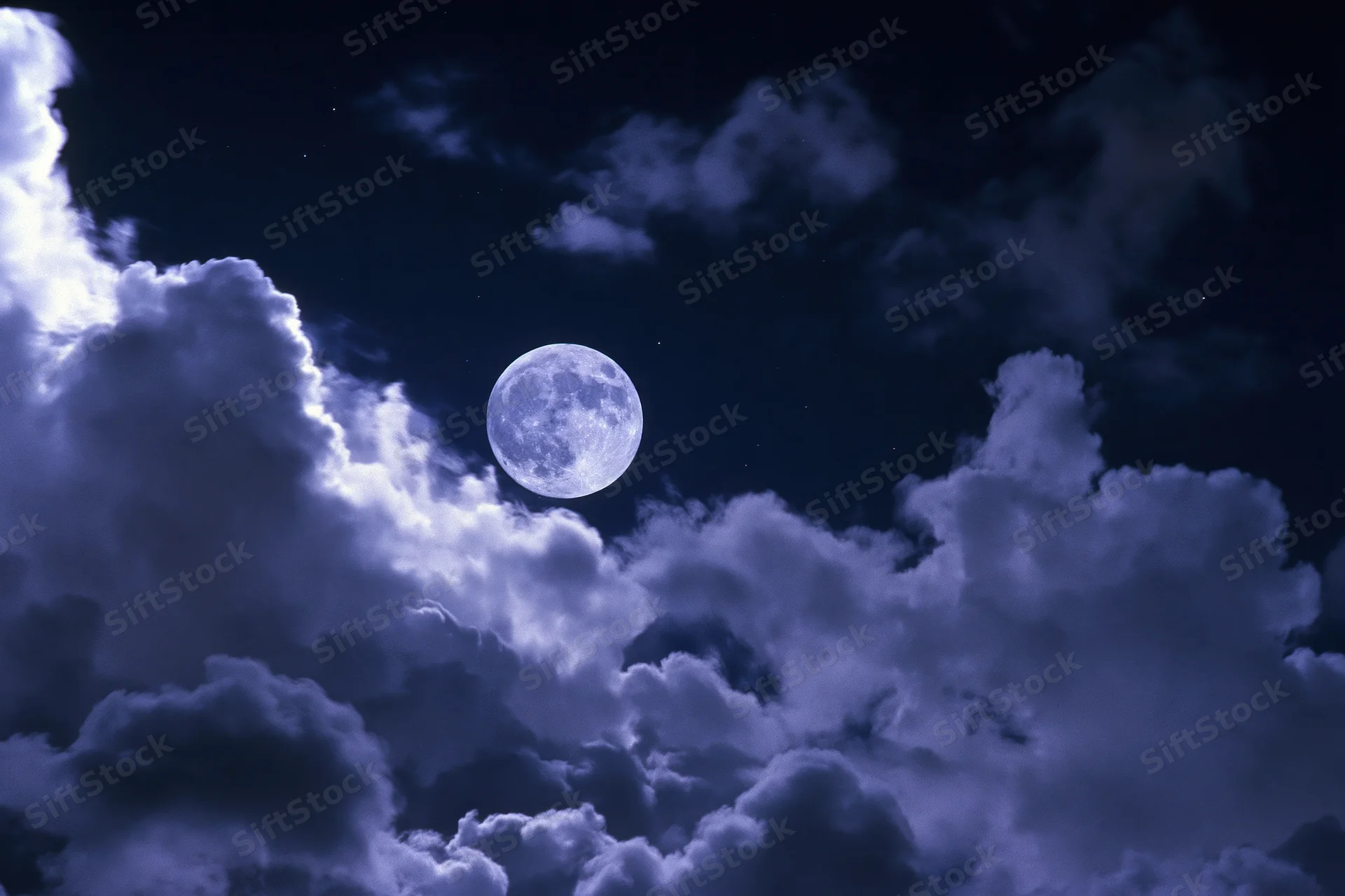 Full moon glowing in dark night sky surrounded by dramatic clouds