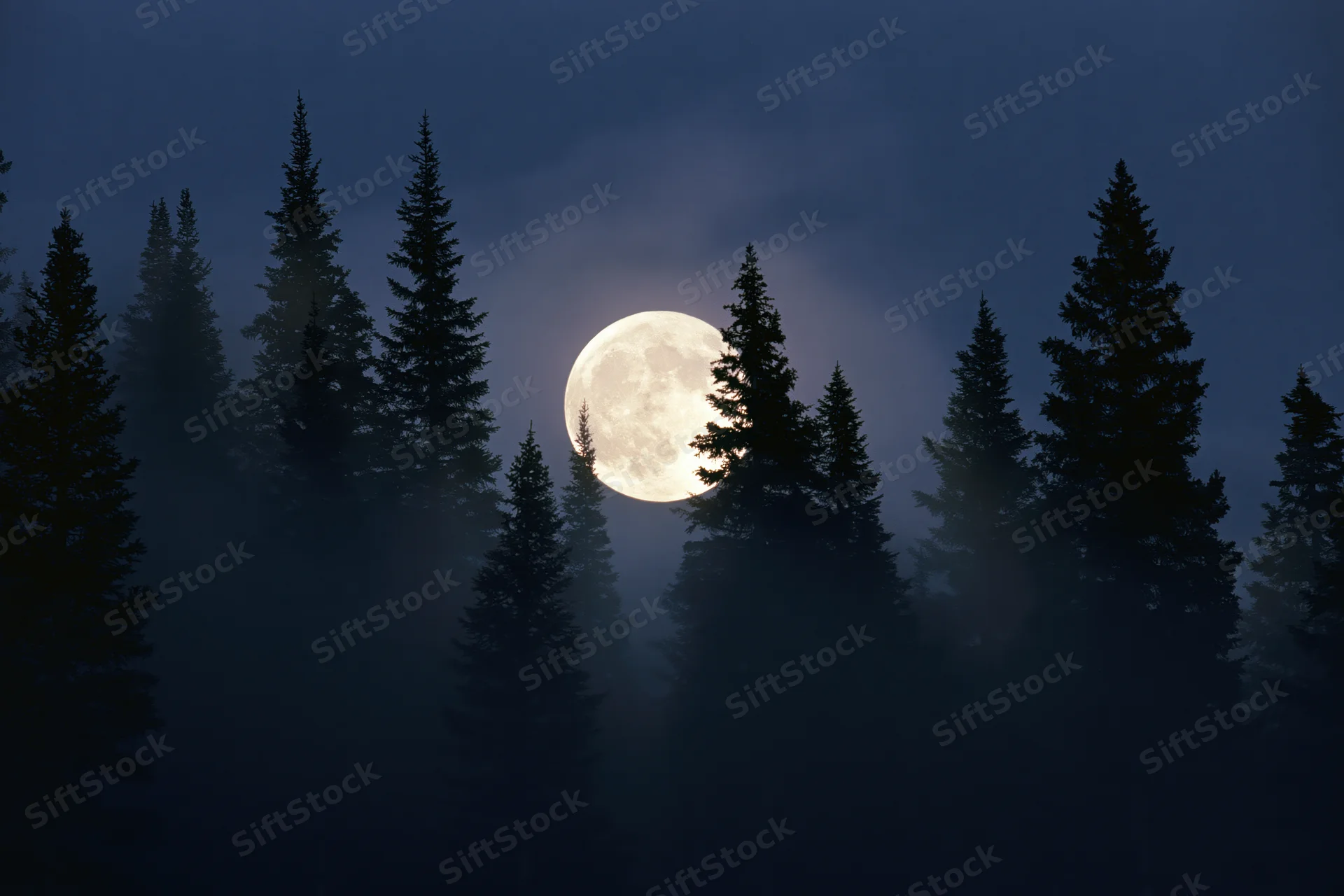 Full moon rising behind silhouetted conifer trees in a misty forest at night