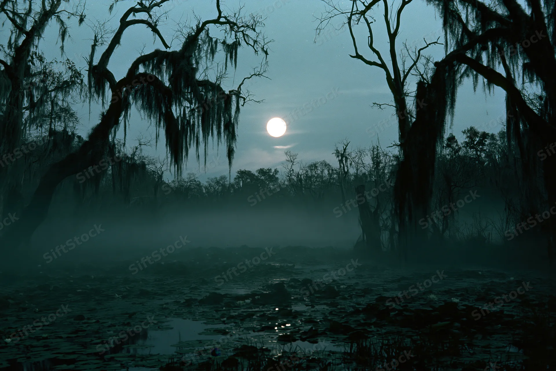 Full moon rising over a misty swamp at night with silhouetted cypress trees and still water reflecting the light