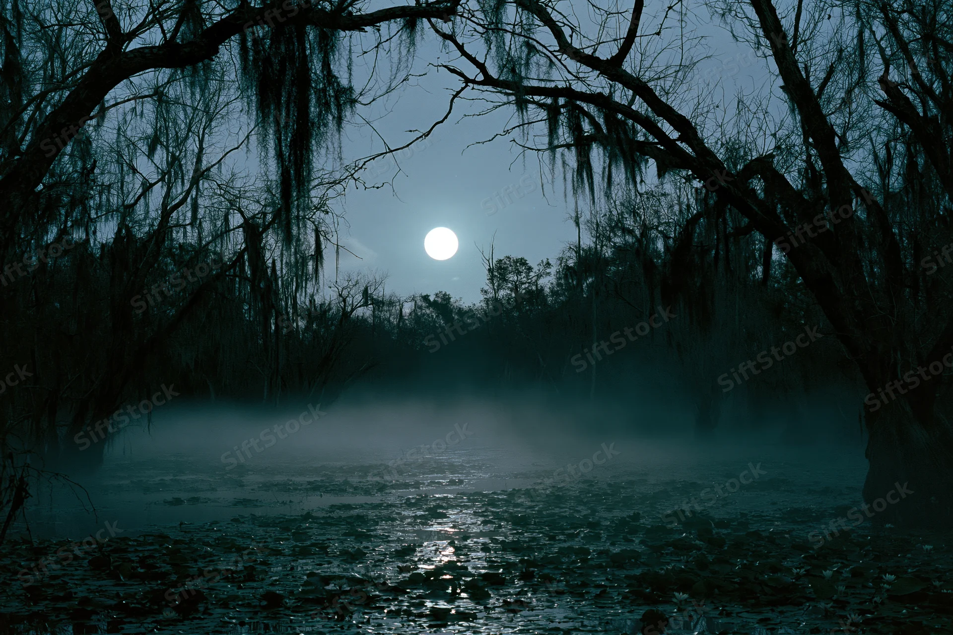 Full moon rising over misty swamp at night with silhouetted trees and still water reflecting light