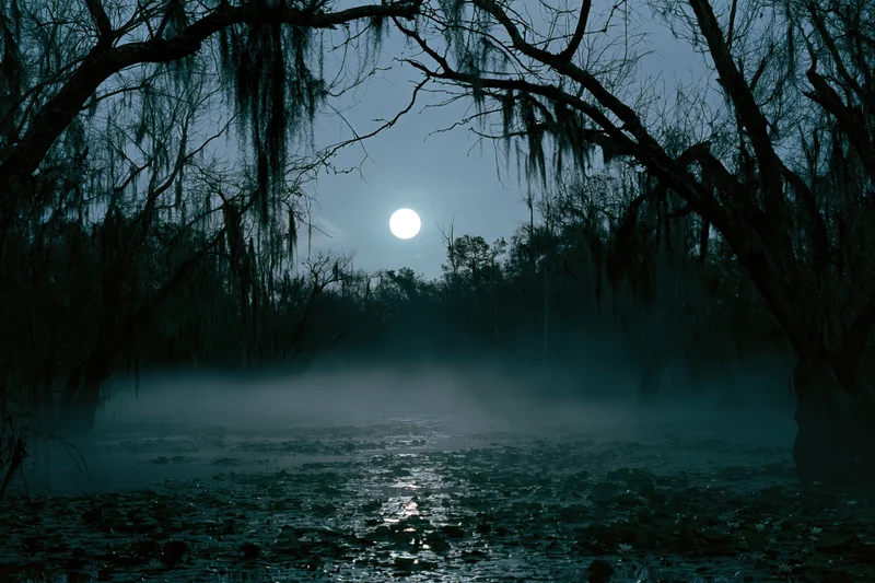 Full moon rising over misty swamp at night with silhouetted trees and still water reflecting light