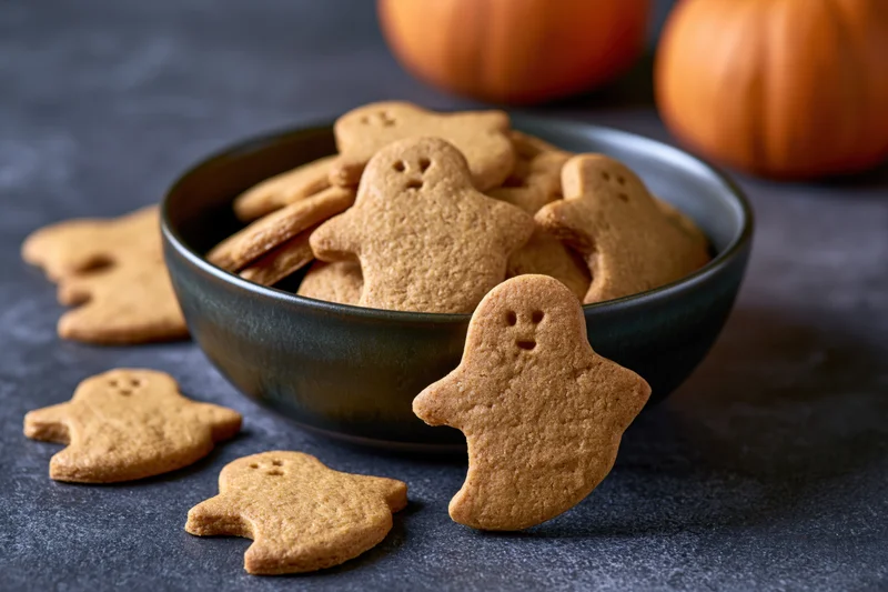 Ghost-shaped pumpkin cookies in a dark ceramic bowl on a dark surface with pumpkins in the background