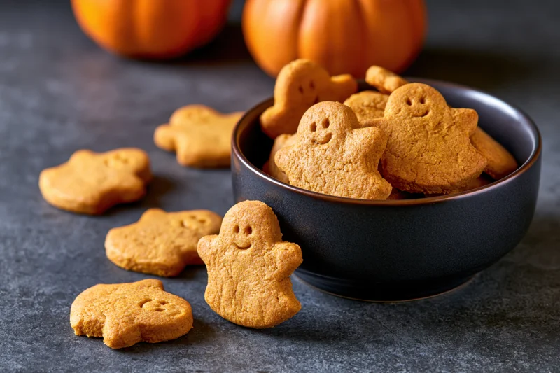 Ghost-shaped pumpkin cookies in a dark ceramic bowl on a gray stone surface with pumpkins in the background