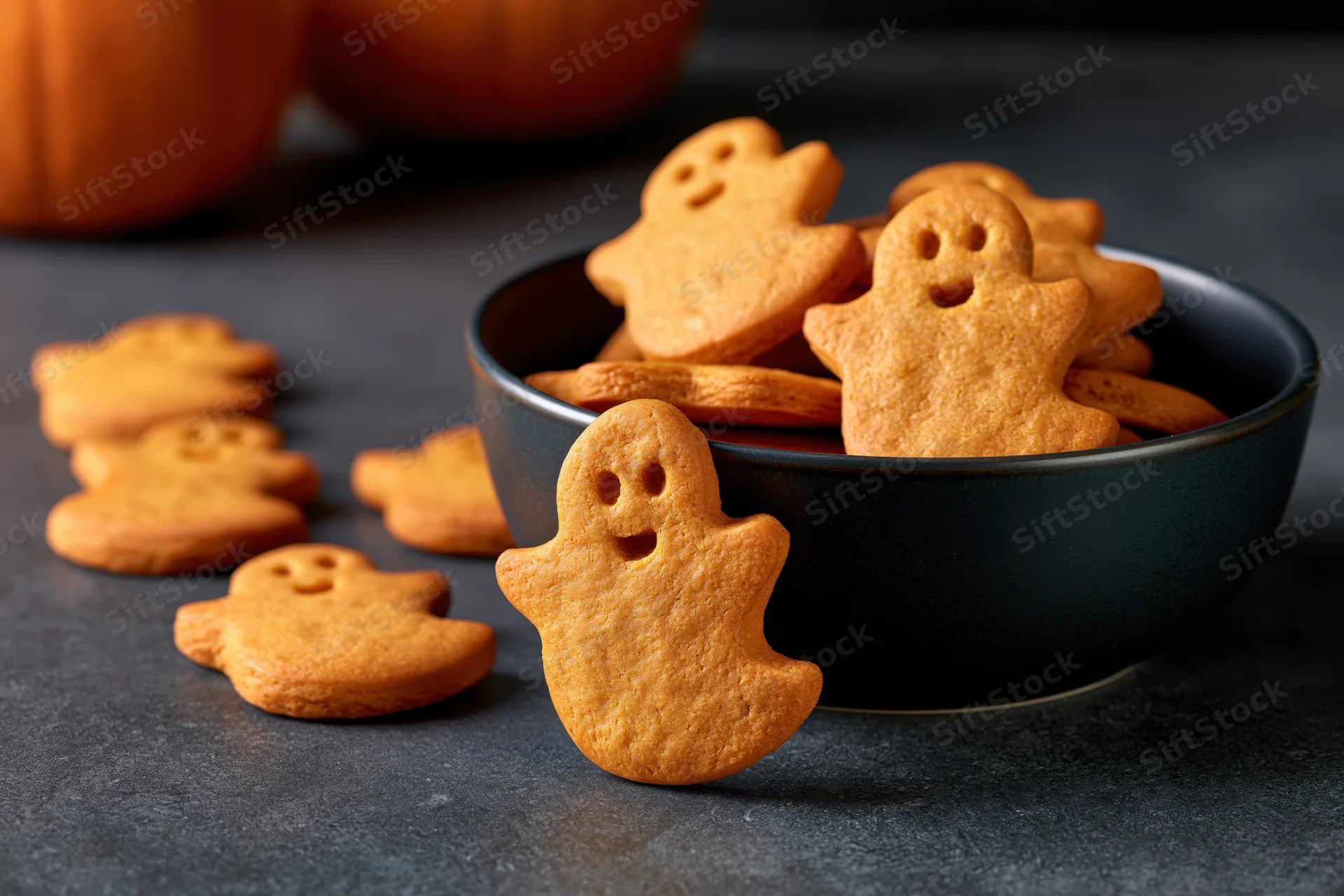 Ghost-shaped pumpkin cookies in a dark ceramic bowl on a gray surface