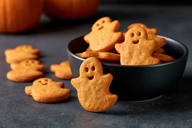 Ghost-shaped pumpkin cookies in a dark ceramic bowl on a gray surface