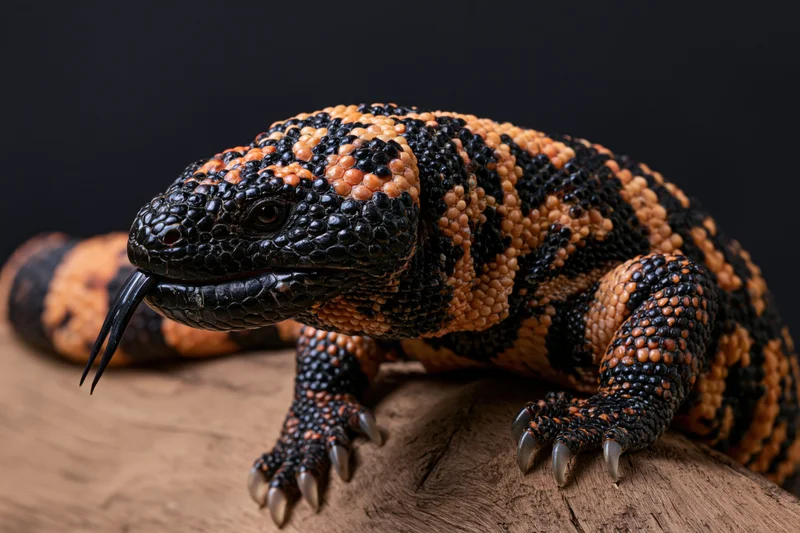 Gila monster lizard with forked tongue resting on a wooden log