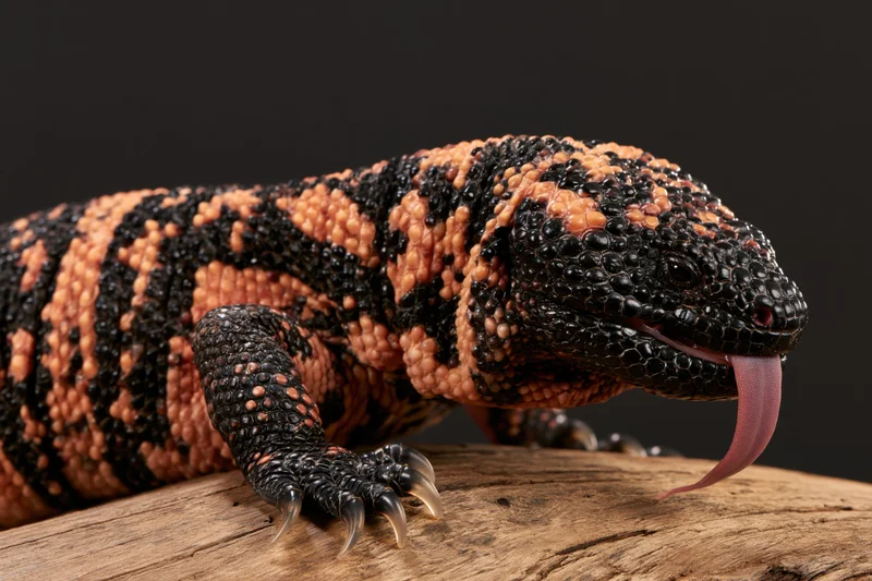 Gila monster lizard with tongue extended resting on a wooden log