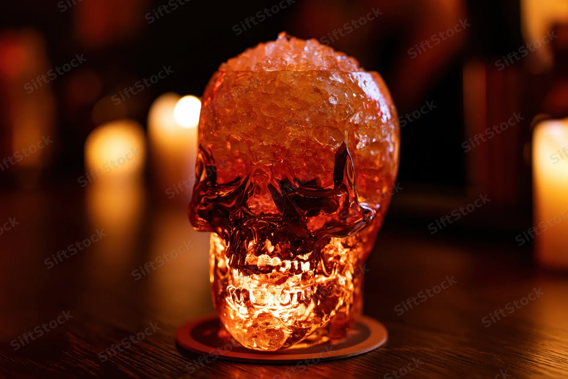 Glass skull cocktail cup filled with crushed ice and amber drink on wooden bar table with candles glowing in background