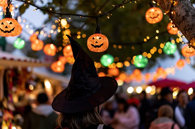 Woman wearing witch hat at halloween festival with glowing jack-o-lantern string lights overhead
