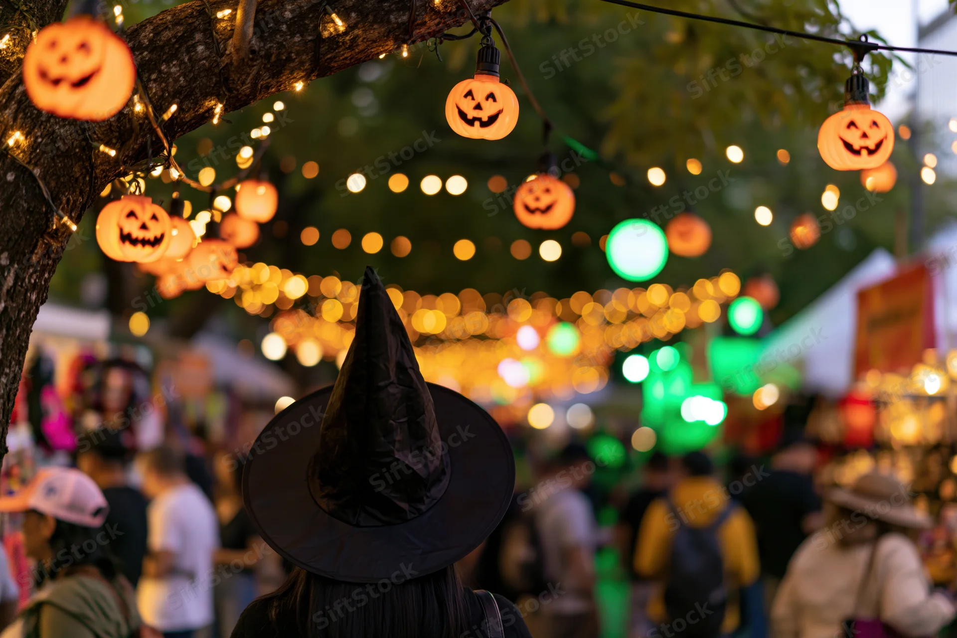 Woman in witch hat at halloween festival under glowing jack-o-lantern string lights