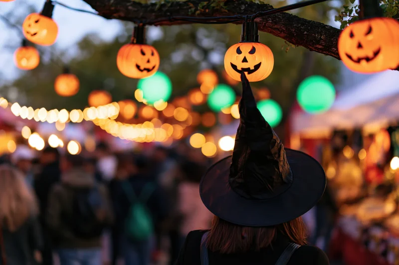 Woman wearing witch hat at halloween festival with glowing jackolantern string lights overhead