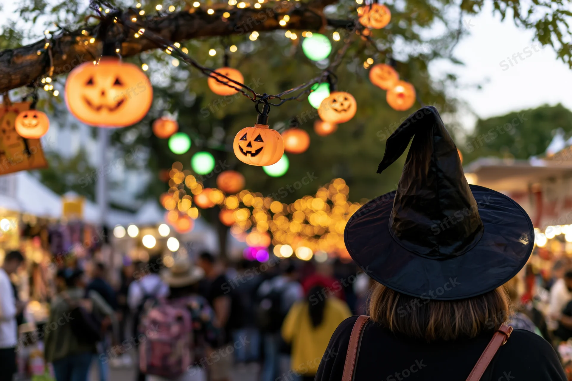 Woman in witch hat at halloween festival with glowing jack-o-lantern string lights overhead