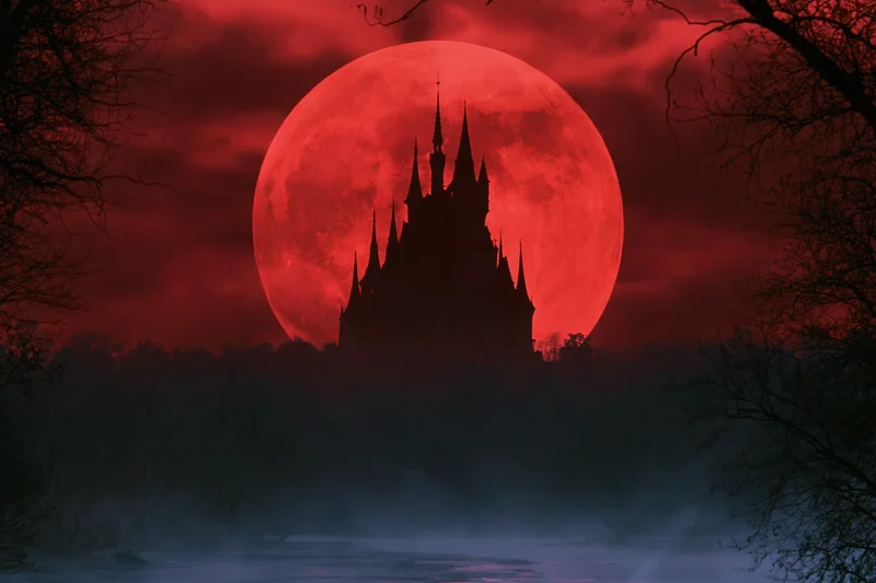 Gothic castle silhouette rising against a blood-red moon in a misty forest at night