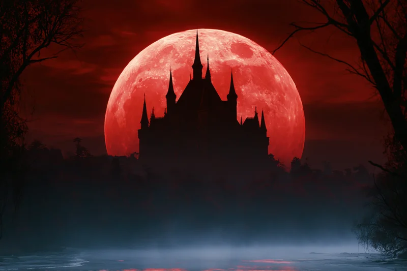 Gothic castle silhouette against a blood-red full moon over a misty river at night
