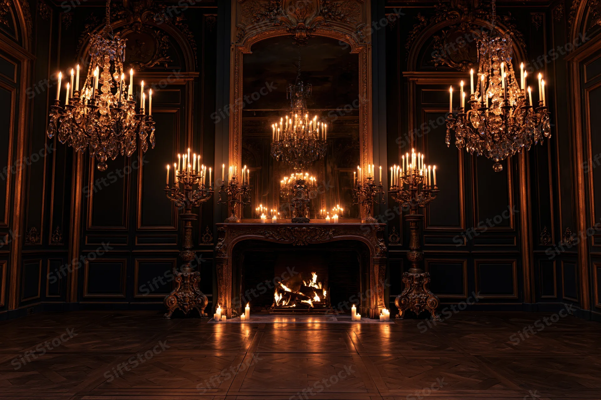 Ornate baroque interior with lit fireplace flanked by chandeliers and candelabras
