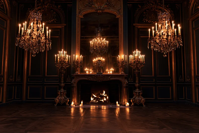 Ornate baroque interior with lit fireplace flanked by chandeliers and candelabras