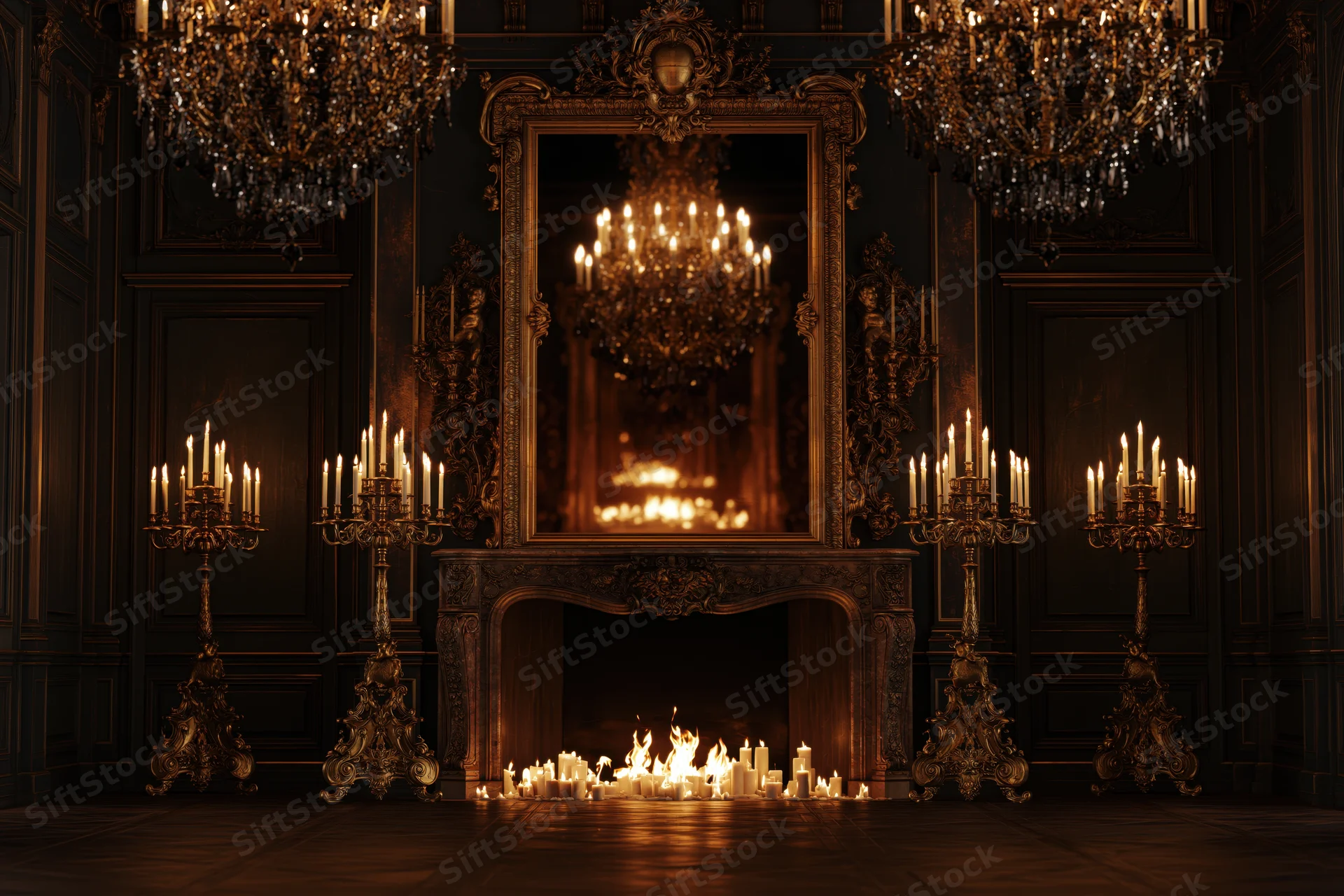 Ornate baroque fireplace with lit candles and chandeliers in a dark luxurious room