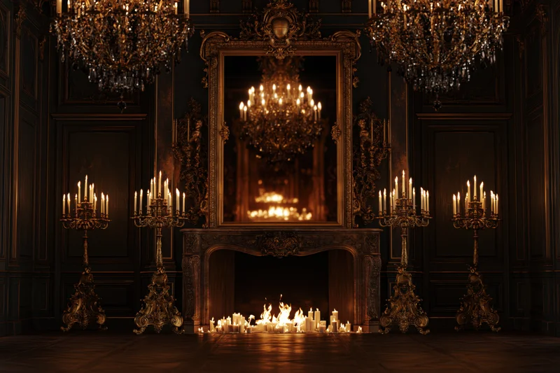 Ornate baroque fireplace with lit candles and chandeliers in a dark luxurious room