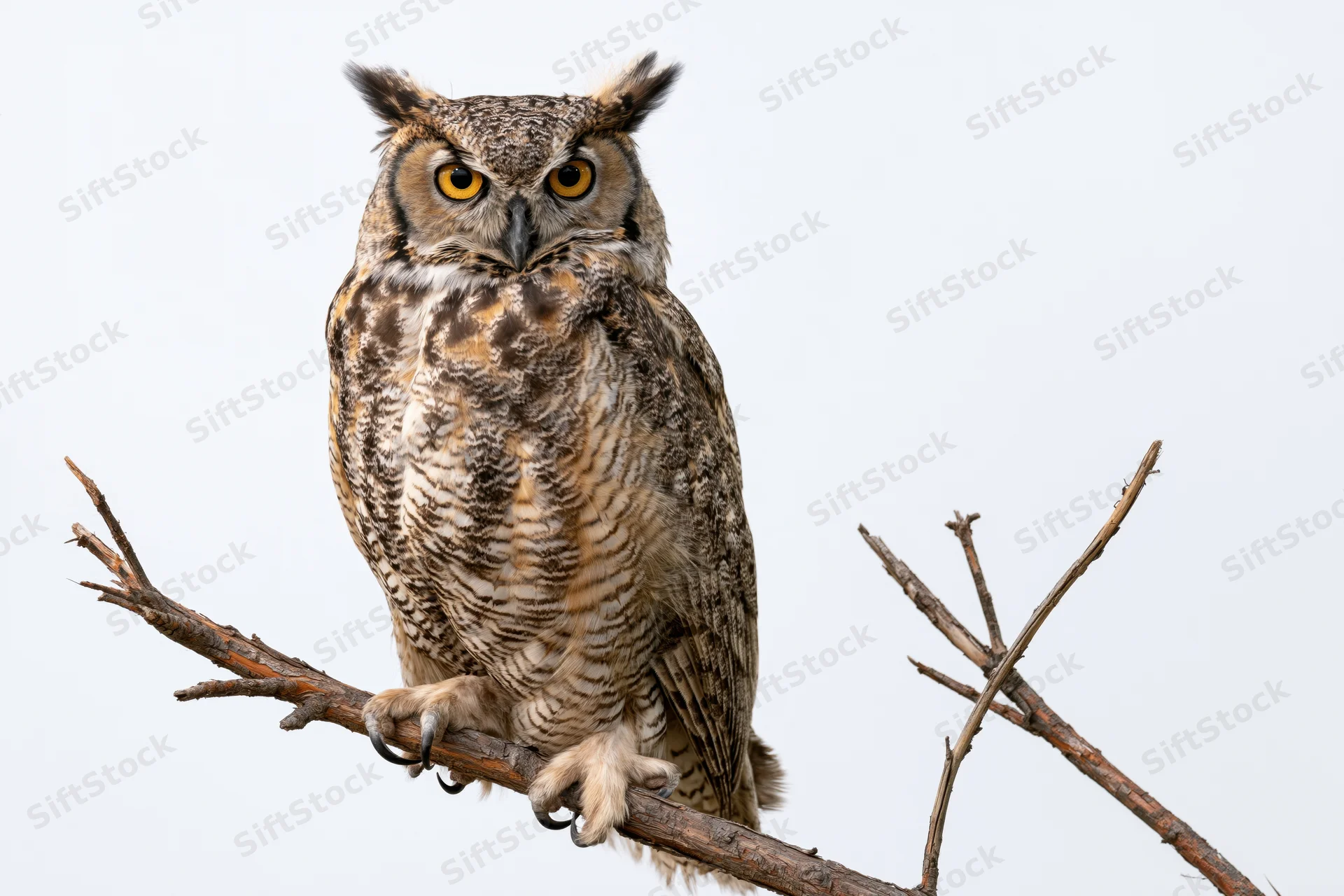 Great horned owl perched upright on a bare wooden branch against a white sky