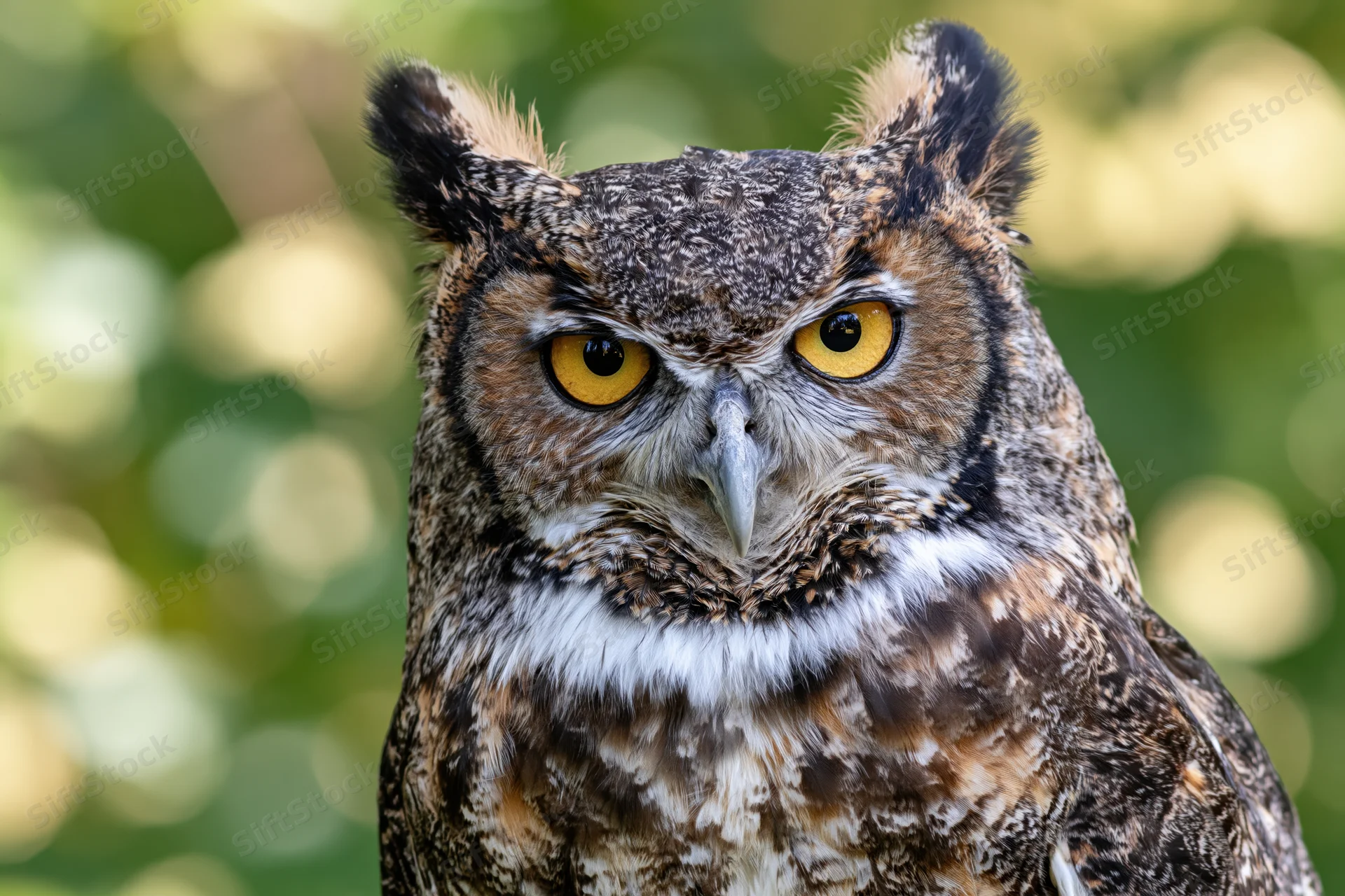 Great horned owl staring directly at camera with intense yellow eyes in forest setting