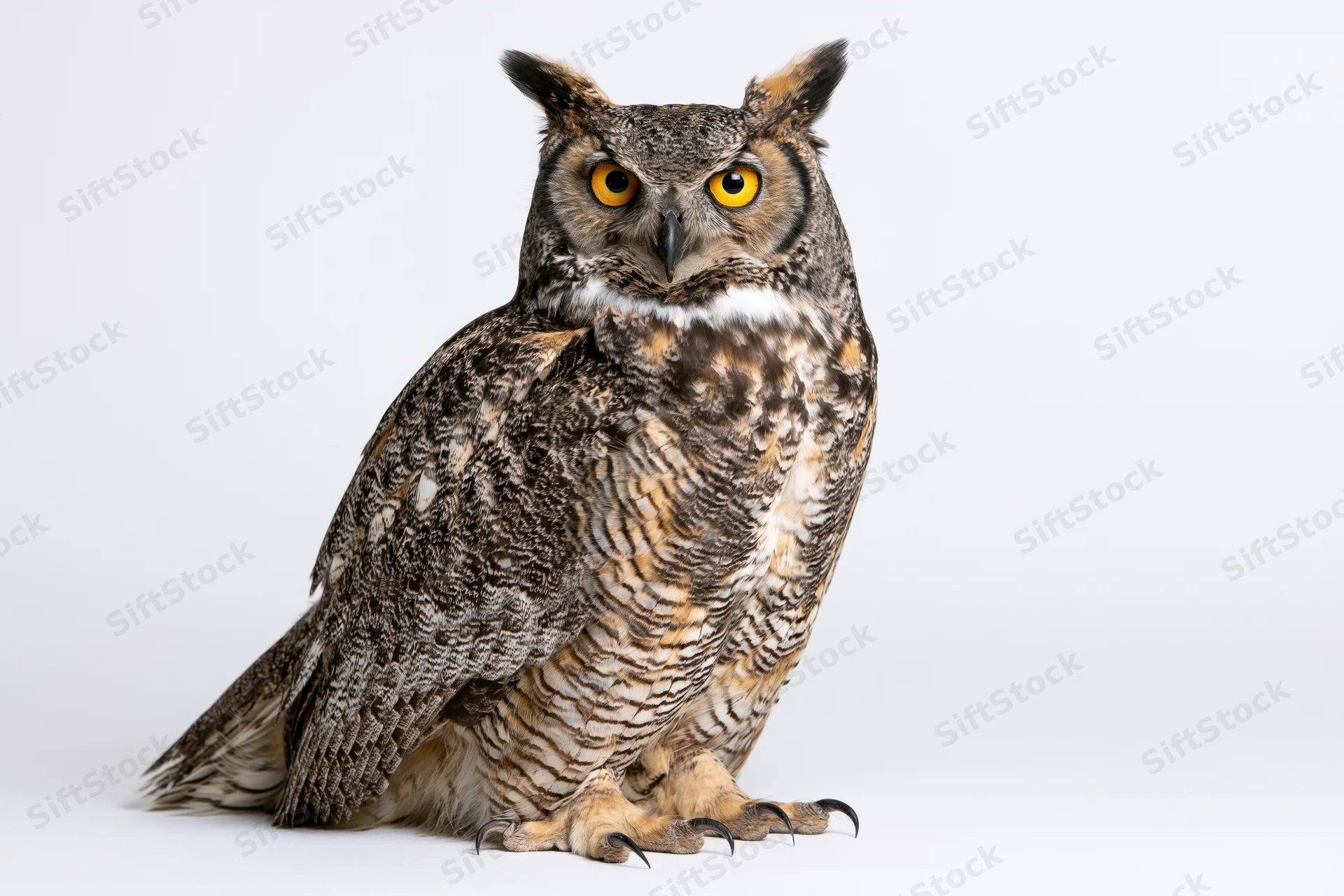 Great horned owl sitting upright facing camera directly on white background