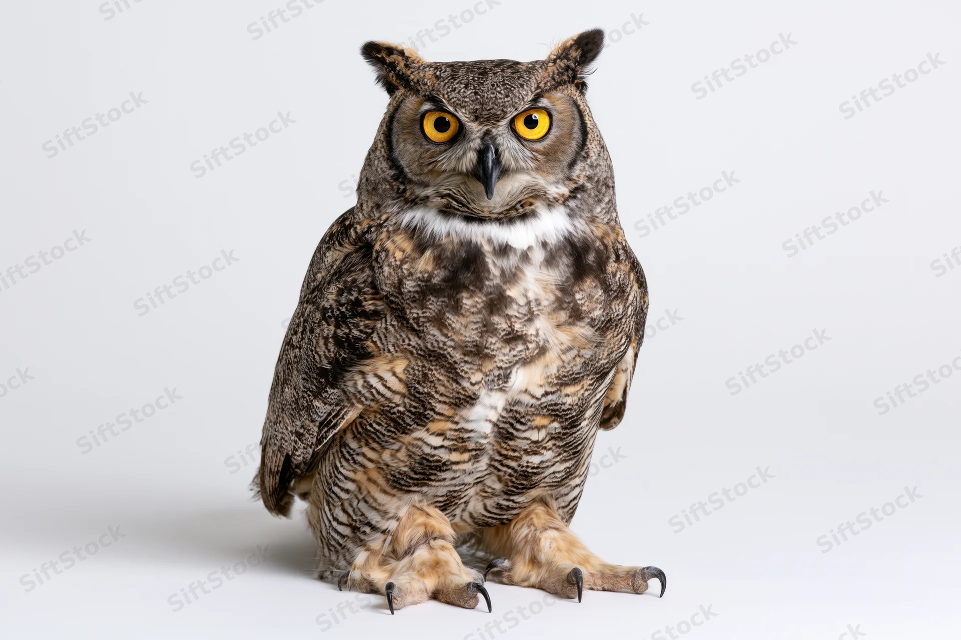 Great horned owl perched upright facing camera directly in studio setting