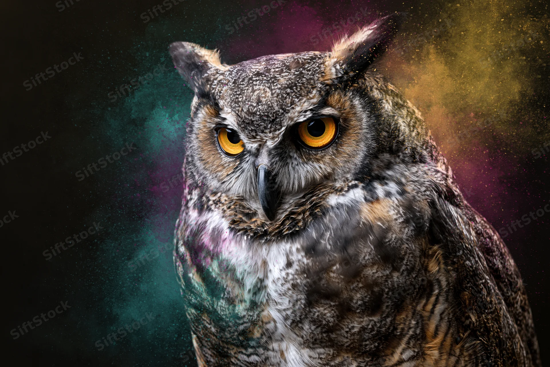 Great horned owl facing slightly left with intense amber eyes against a dark cosmic background