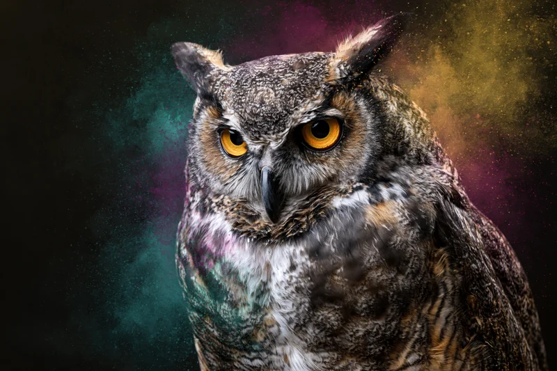 Great horned owl facing slightly left with intense amber eyes against a dark cosmic background