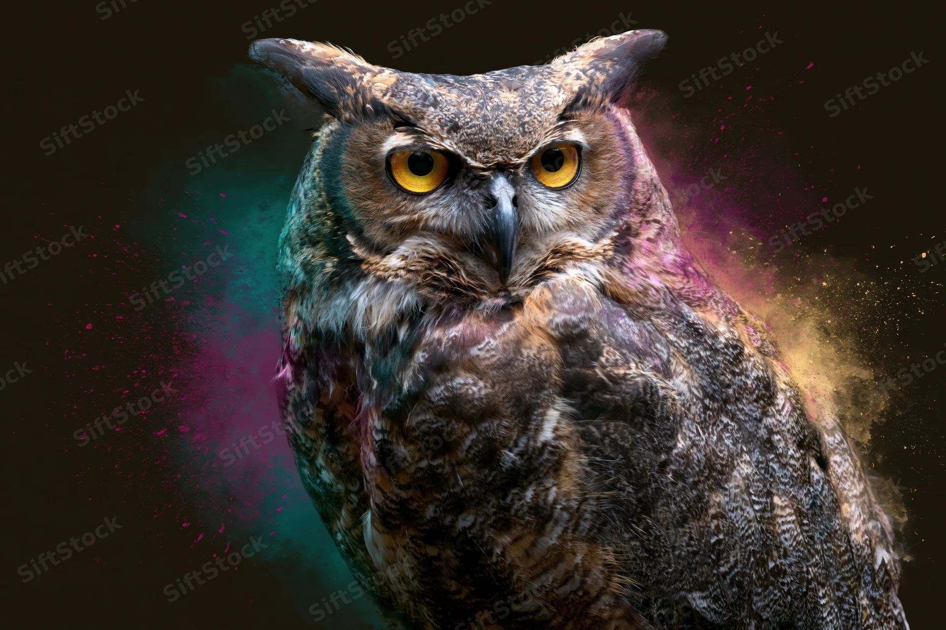 Great horned owl facing slightly left with intense amber eyes against dark background with colorful particle effects