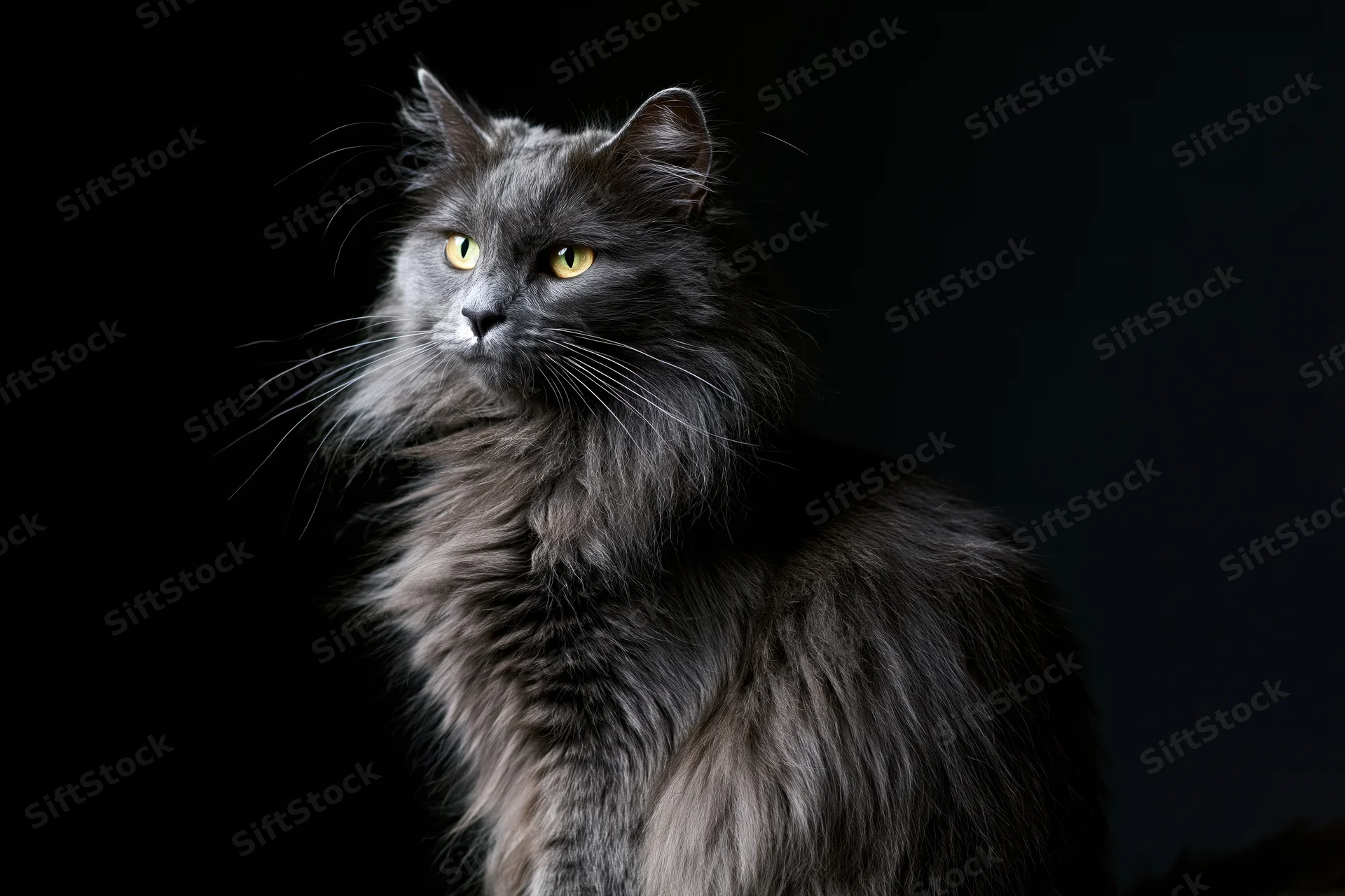 Grey longhaired cat sitting upright and gazing slightly off-camera in studio portrait against black background