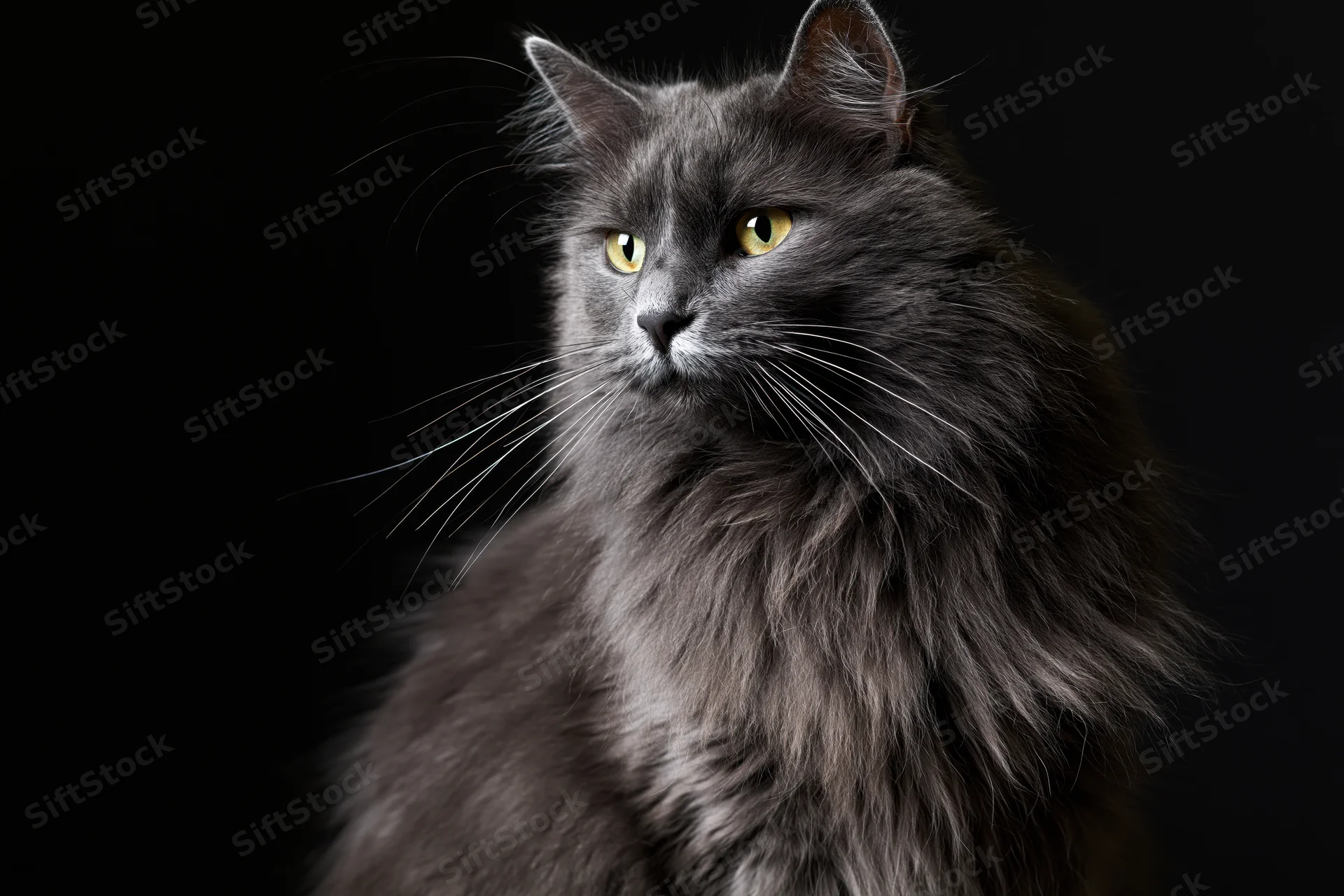 Grey longhaired cat sitting upright with alert expression against black background