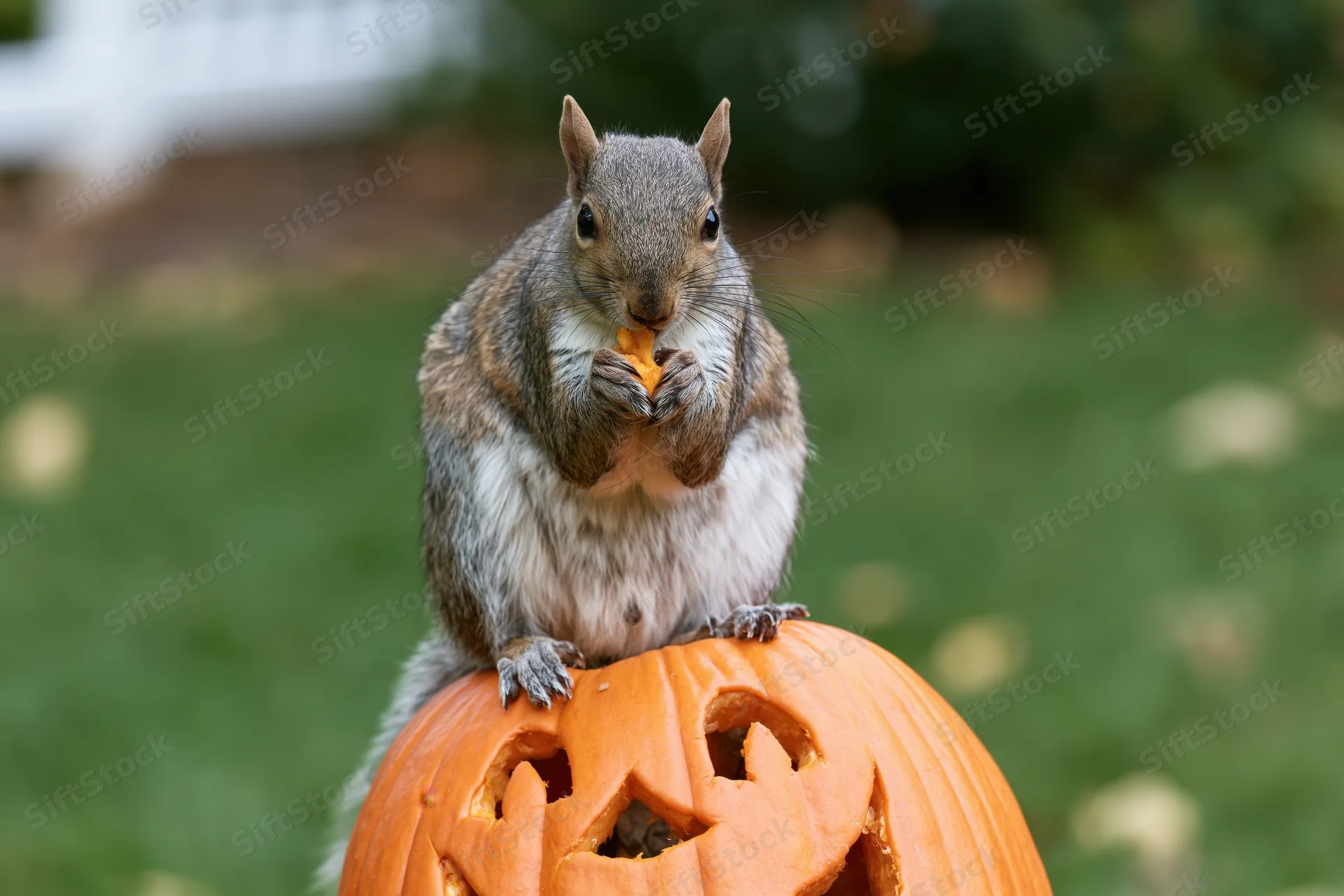 Gray squirrel eating a nut while perched on a carved halloween pumpkin in a garden
