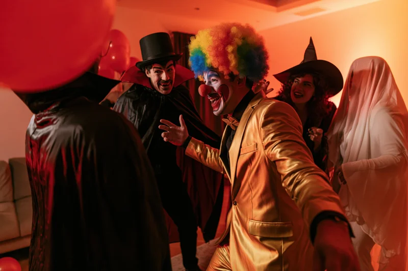 Adults in halloween costumes dancing and socializing indoors
