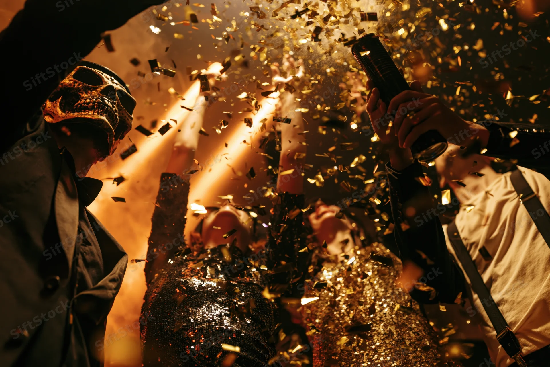 Costumed partygoers celebrating with confetti and beer indoors