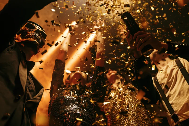 Costumed partygoers celebrating with confetti and beer indoors