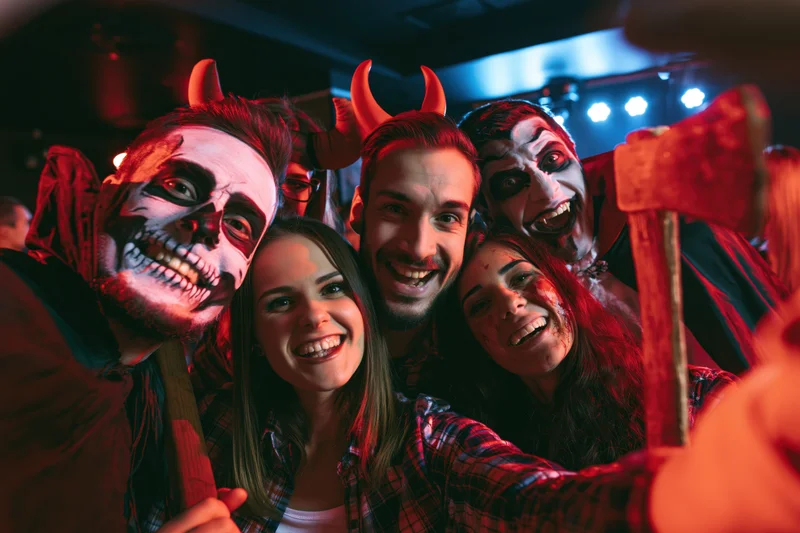 Five friends in halloween costumes taking a selfie at a party
