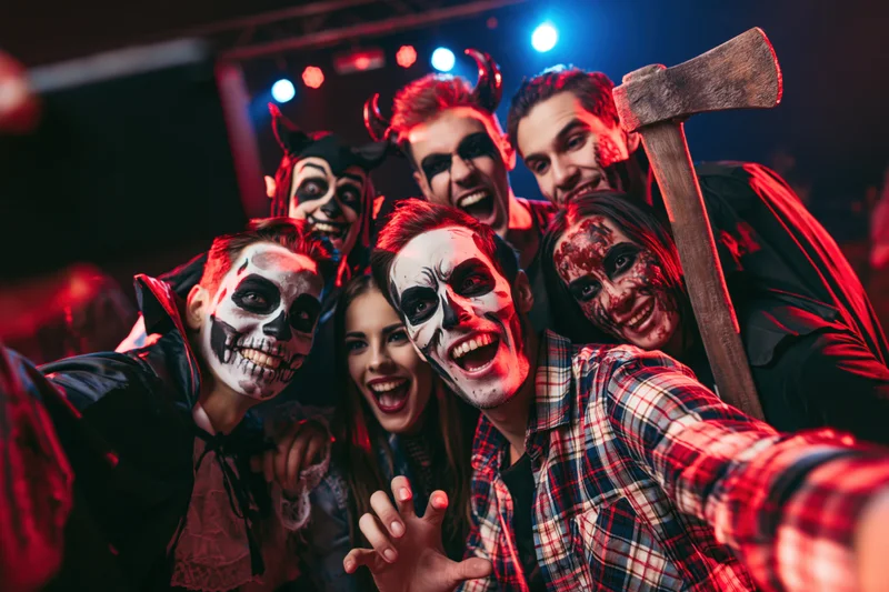Five friends in halloween costumes taking a selfie at a party